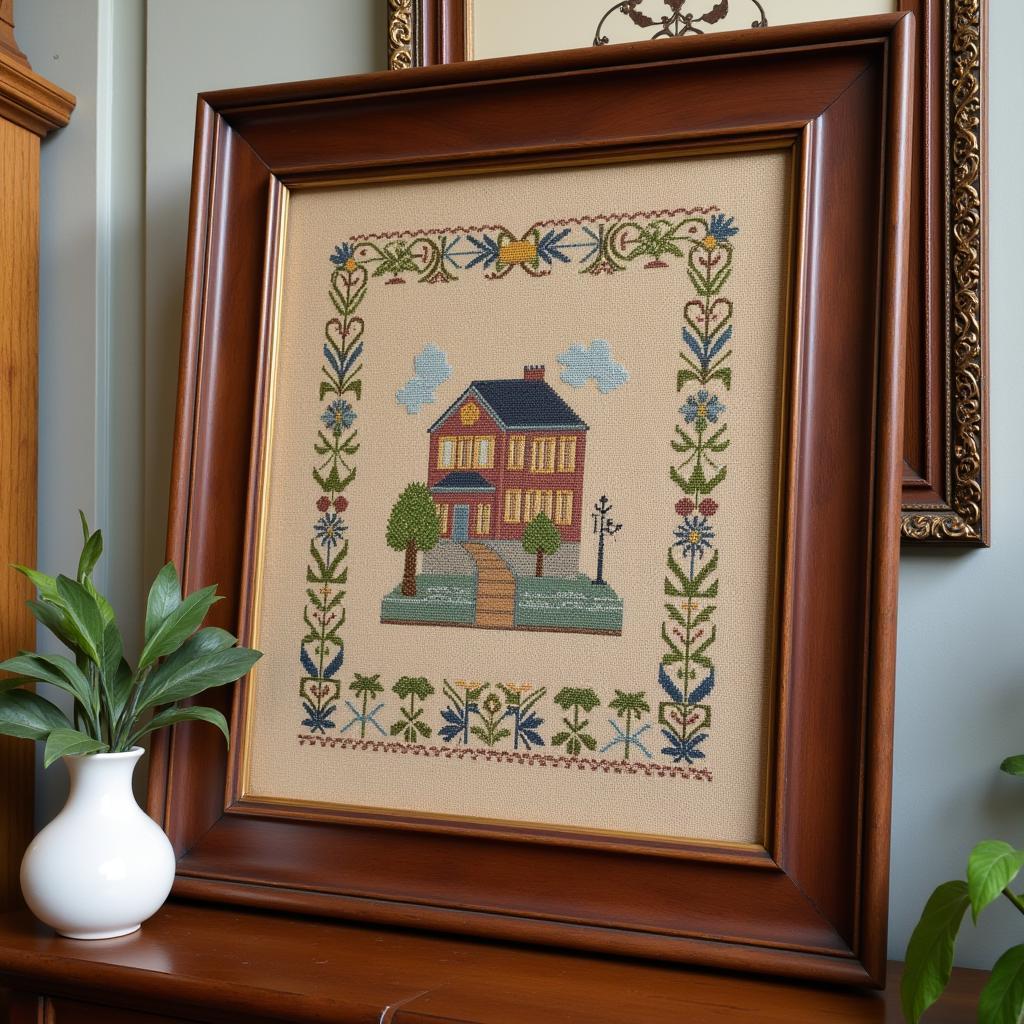 Finished Antique Cross Stitch Sampler in a Frame