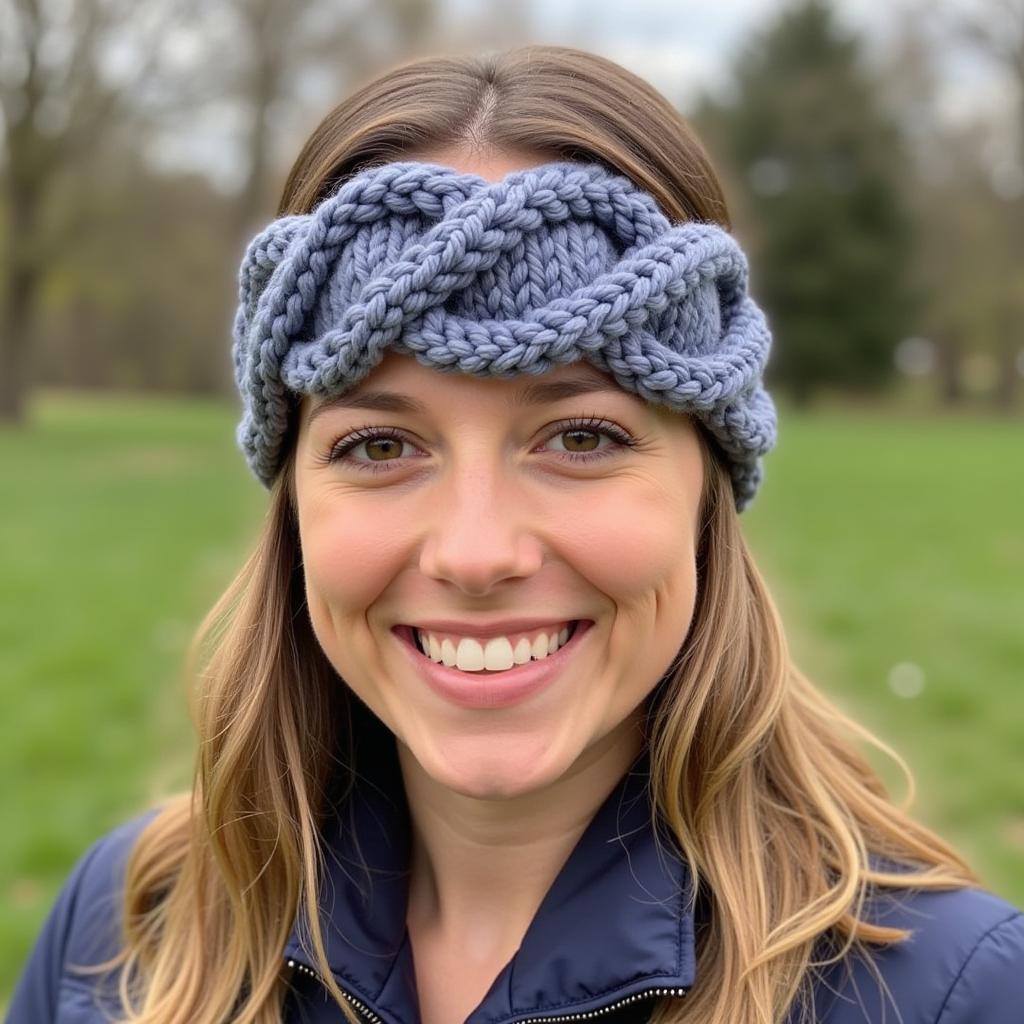 Woman wearing a stylish knitted cable headband