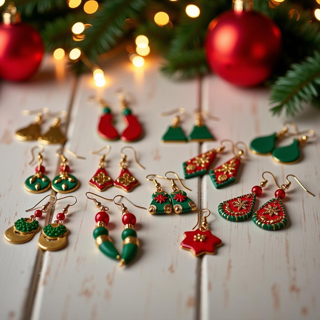 Handmade Christmas Earrings Displayed on a Festive Background