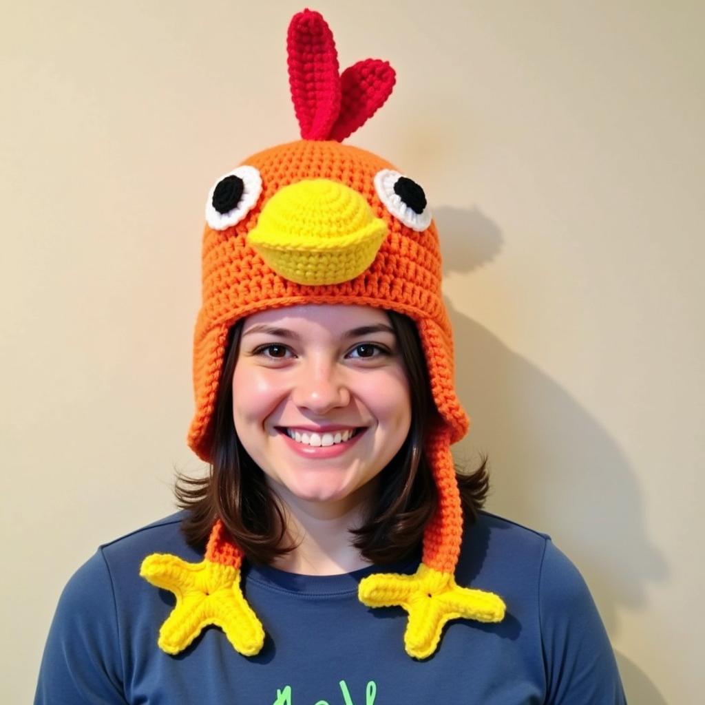 A model wearing a completed crochet chicken hat