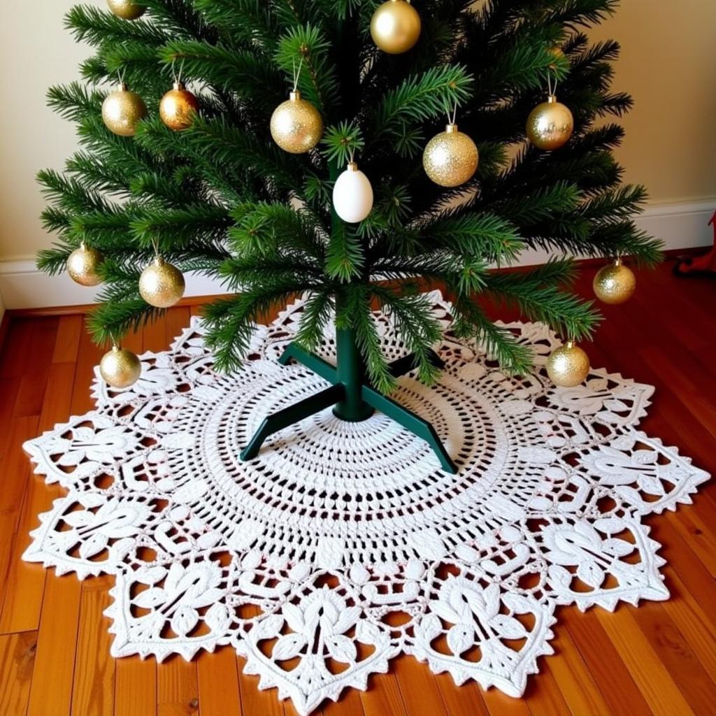 Finished crochet Christmas tree skirt