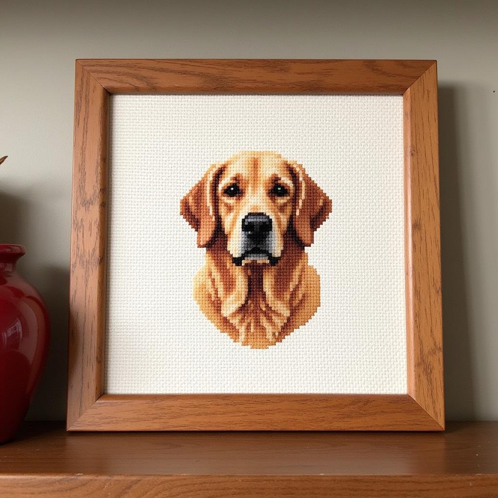 A completed dog cross stitch project framed and displayed