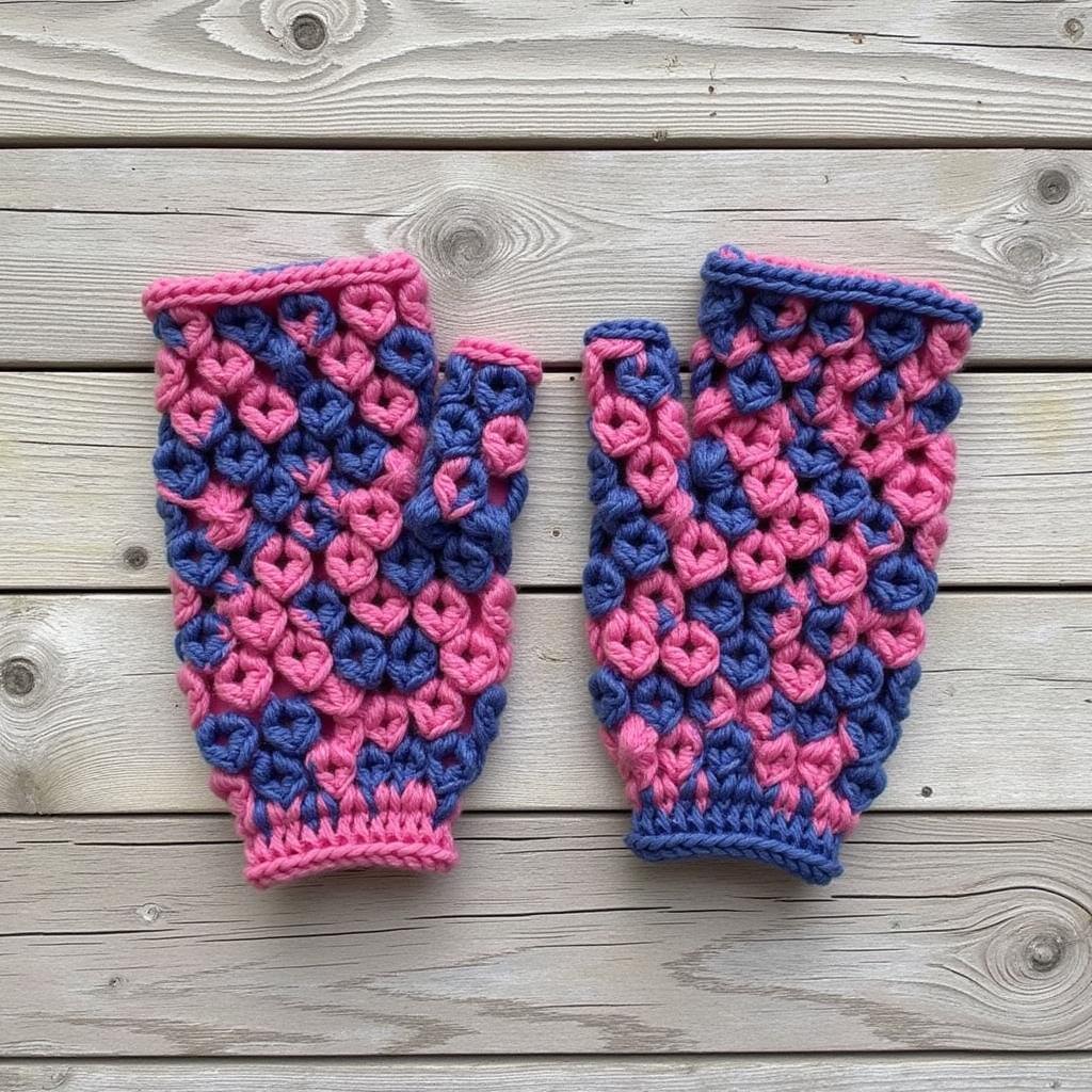 A pair of completed dragon scale crochet gloves artfully arranged on a rustic wooden background, showcasing their intricate design and vibrant colors.