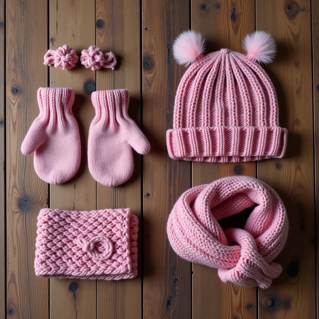 A pair of children's knitted mittens displayed with a matching hat and scarf