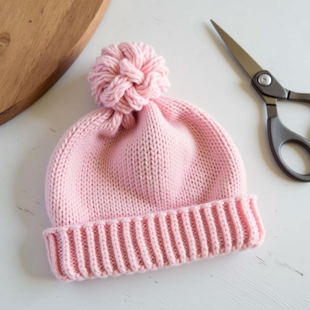 Finished messy bun hat on a wooden table