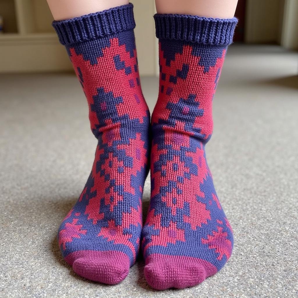 A pair of hand-knitted colorwork socks.