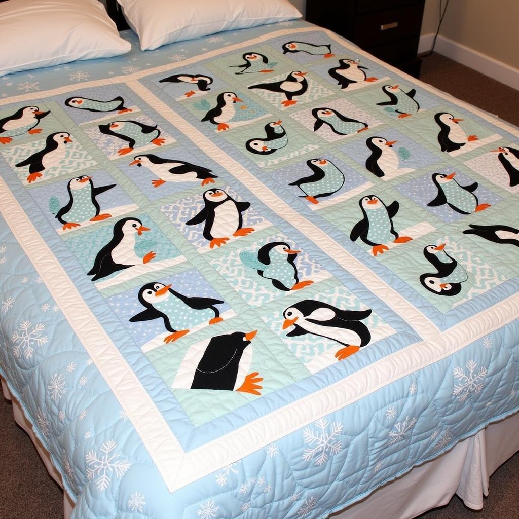 Cozy Penguin Quilt on a Bed