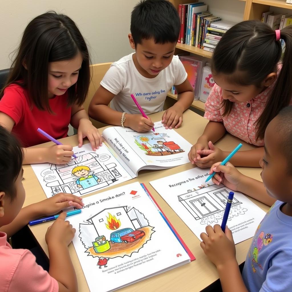 Children coloring in a fire safety coloring book from the NFPA