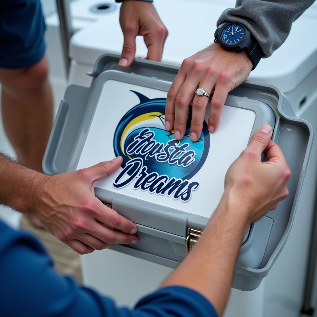 Fisherman Applying Fishing Decal on Tackle Box 