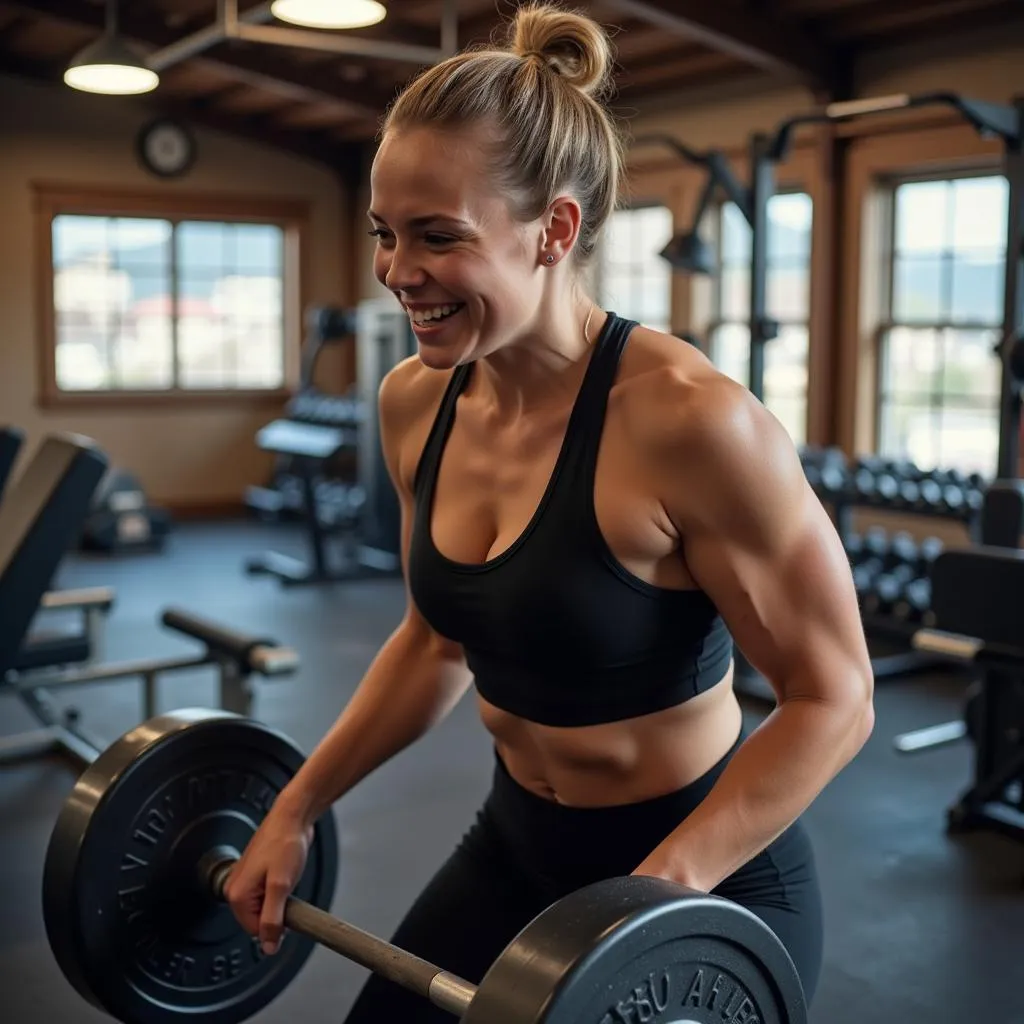 Woman celebrating her weightlifting achievement