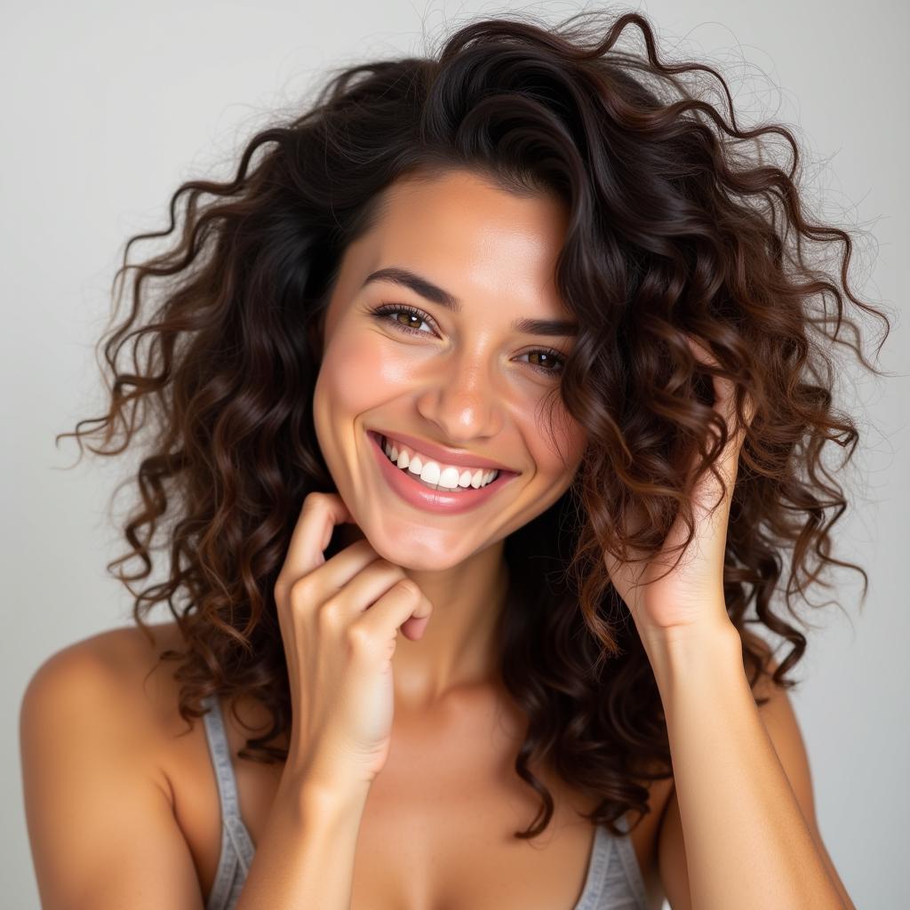 Woman smiling while touching her styled hair