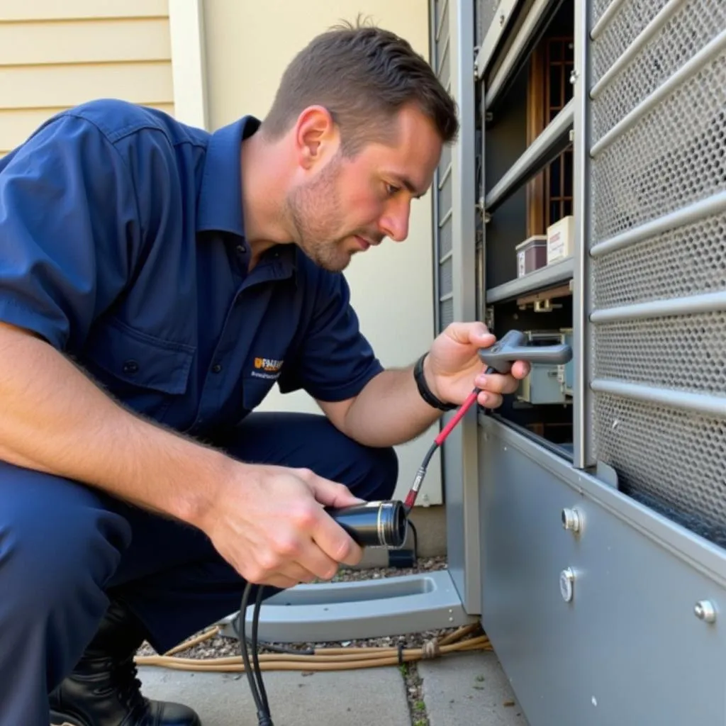 A professional AC technician inspecting an AC unit