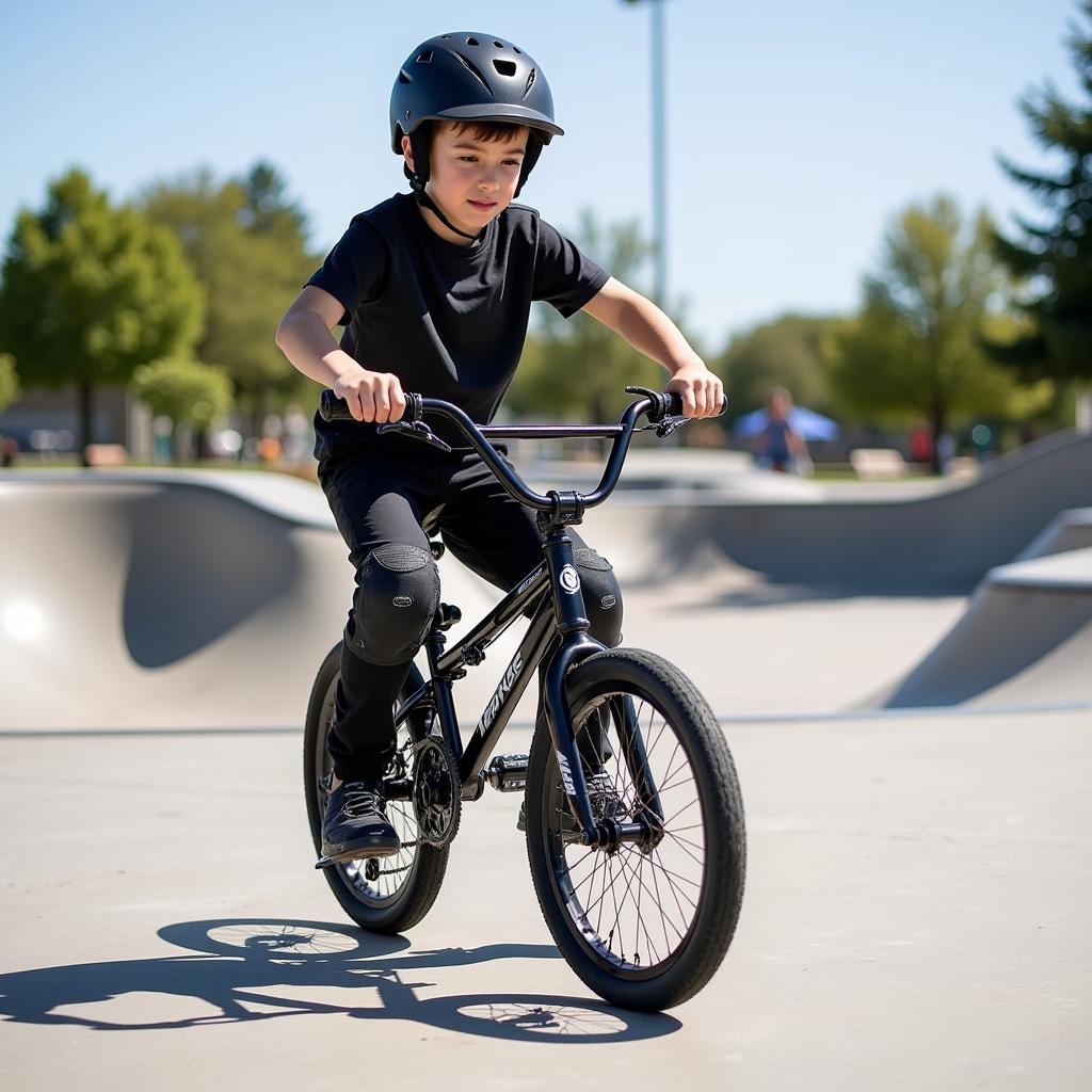 A young boy learning to ride a Free Agent Eluder BMX bike