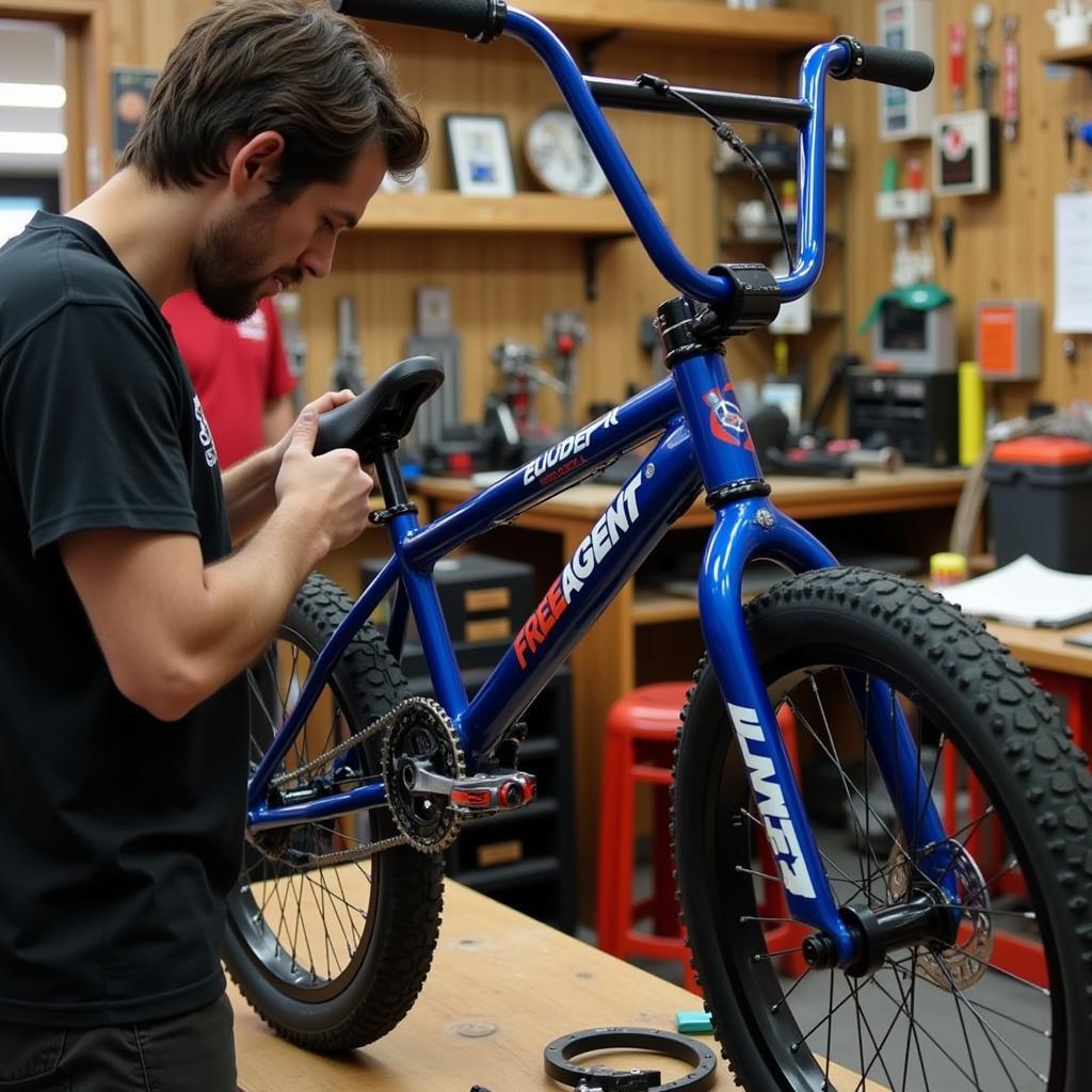 Free Agent Eluder BMX bike being worked on in a bike shop