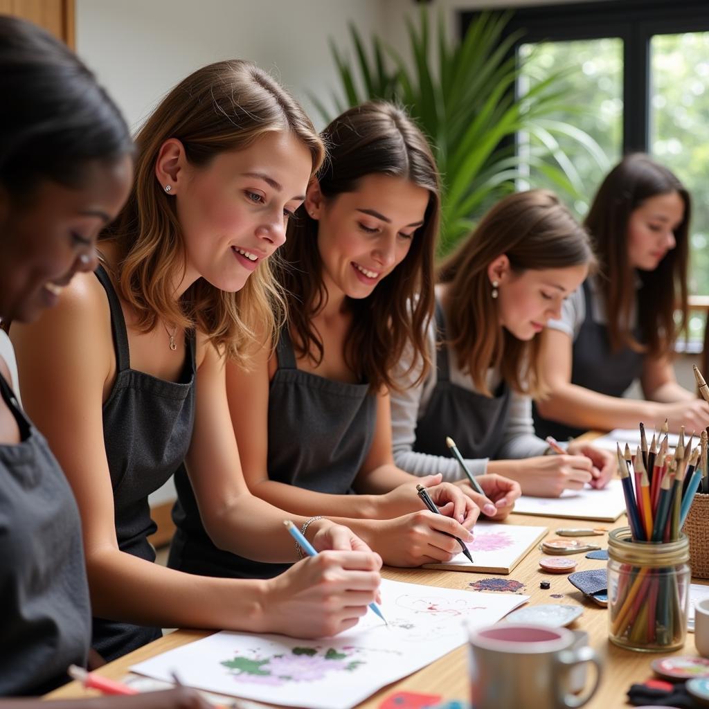 A group of diverse individuals smiling and engaging in an art workshop, each working on their own creative projects.