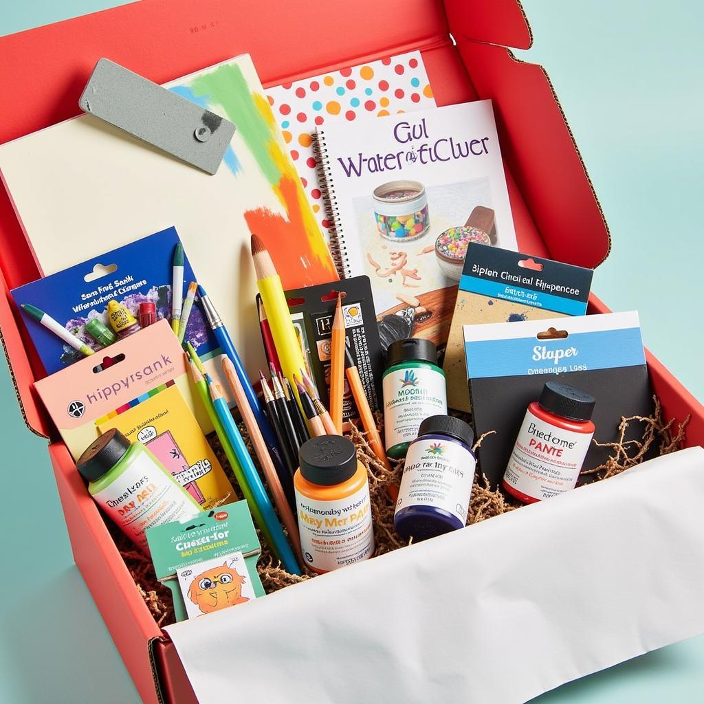 A diverse collection of art supplies arranged neatly inside a subscription box, including paints, brushes, pencils, and paper.