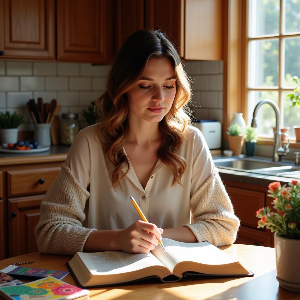 Woman Writing in Bible Journal at Home