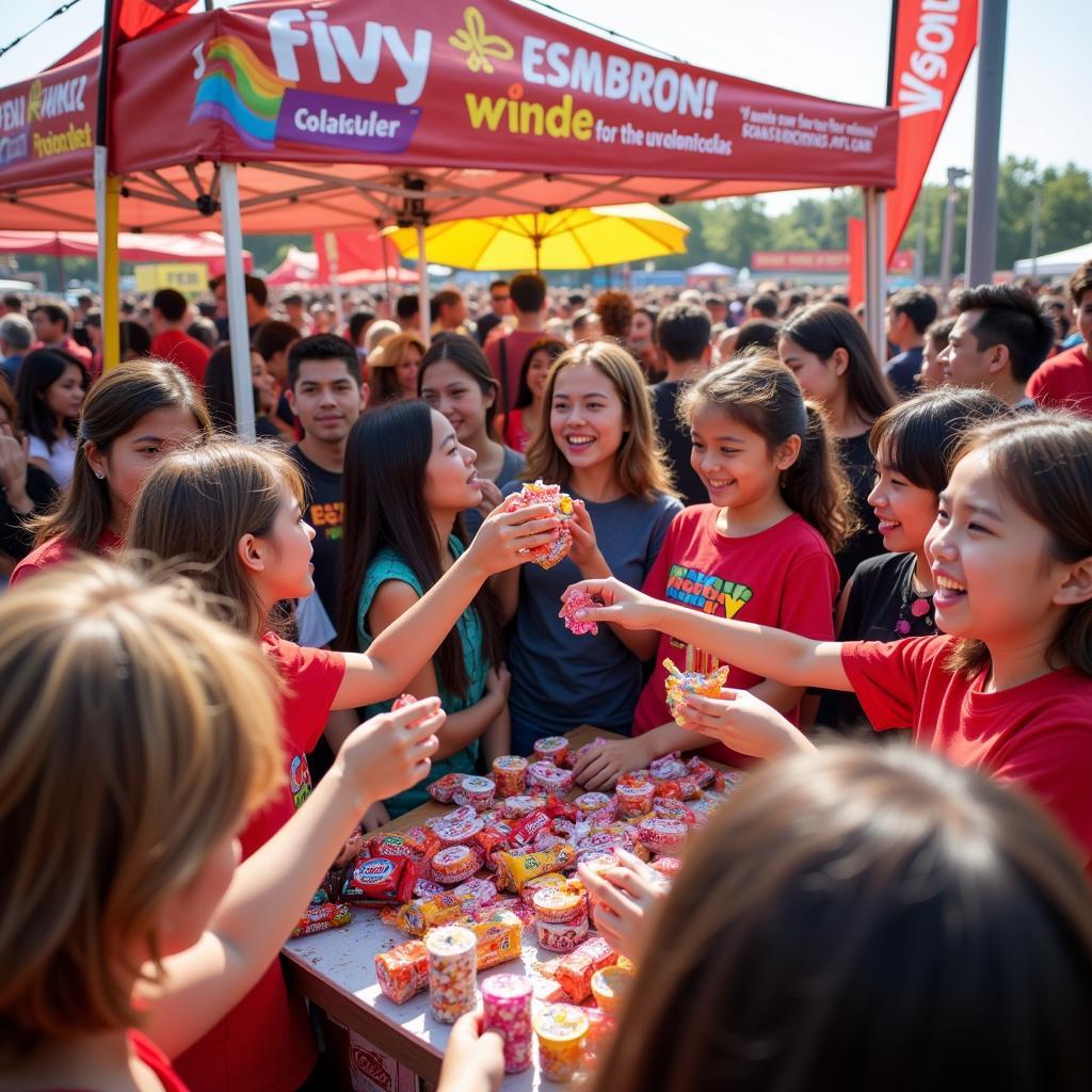 Customers enjoying a free candy promotion