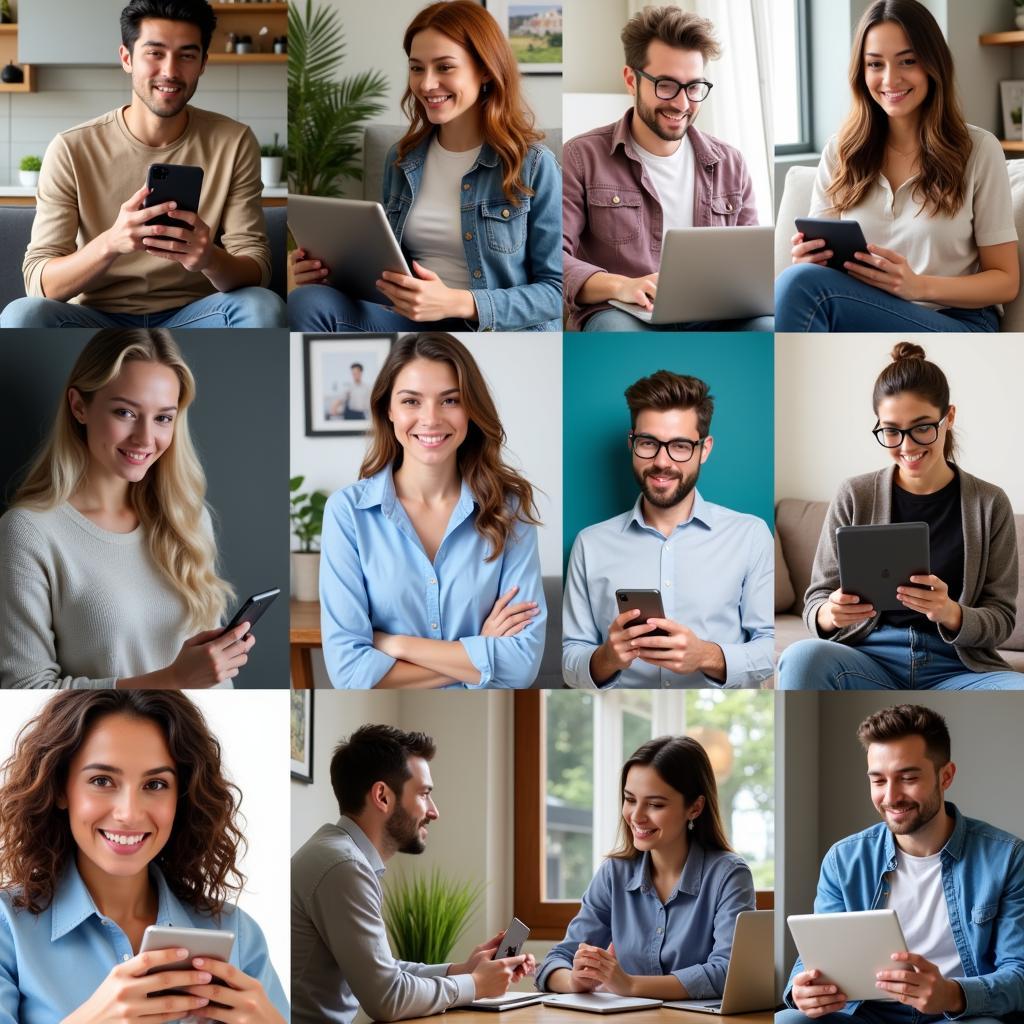 Diverse group of people connecting on various devices