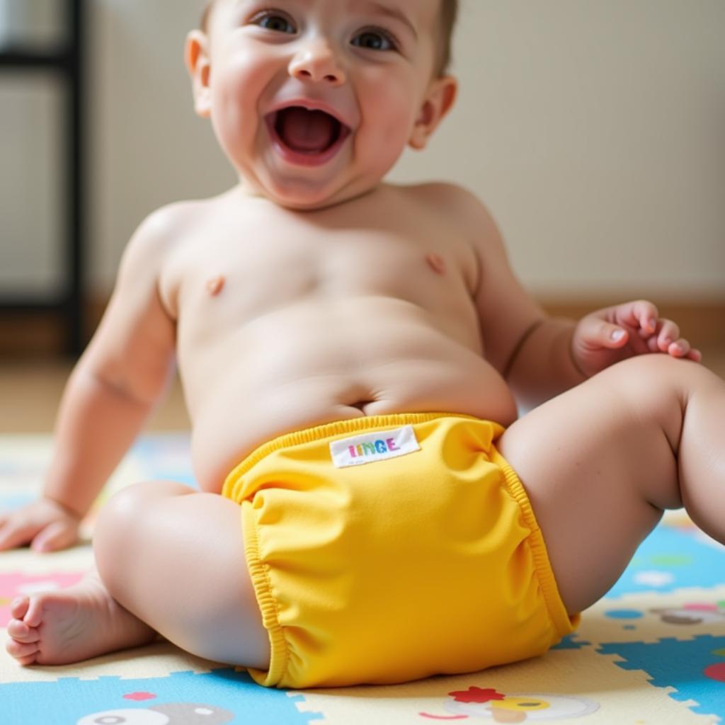 Baby smiling while wearing a cloth diaper