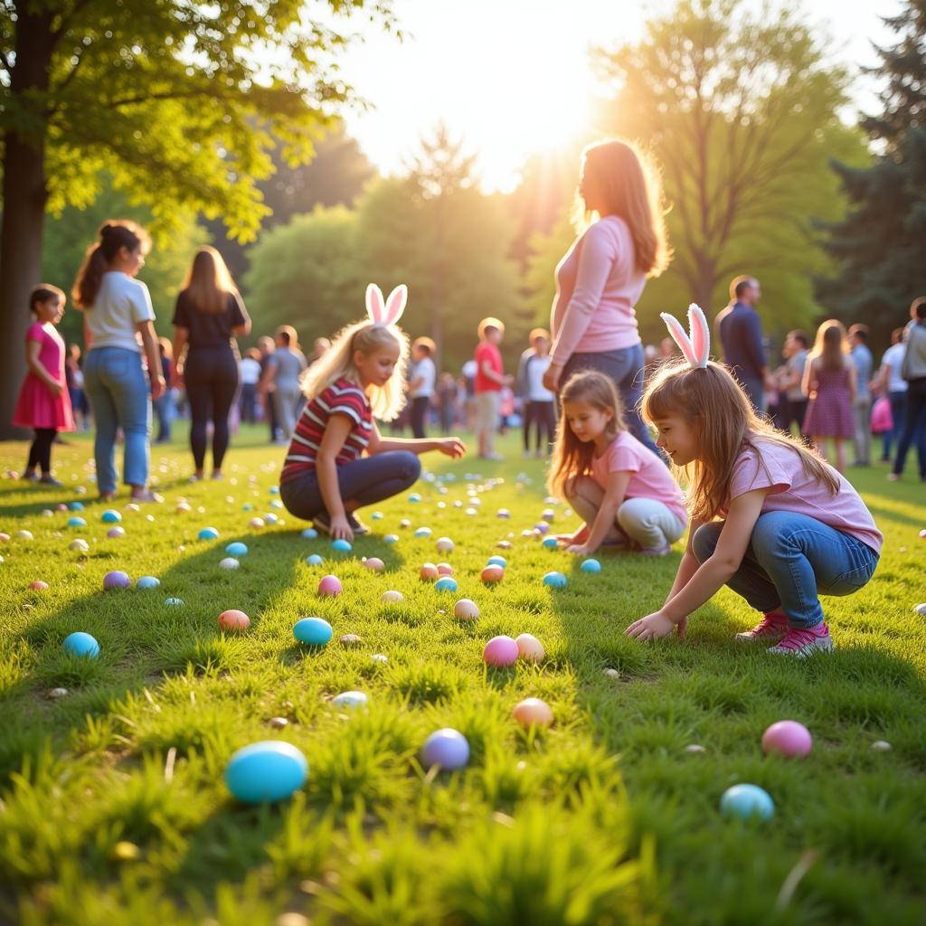 Families enjoying a free Easter egg hunt at a community park