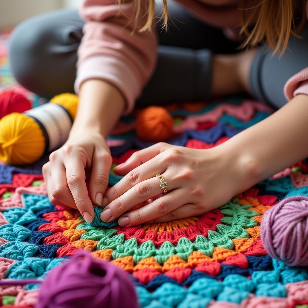 Woman crocheting a colorful blanket