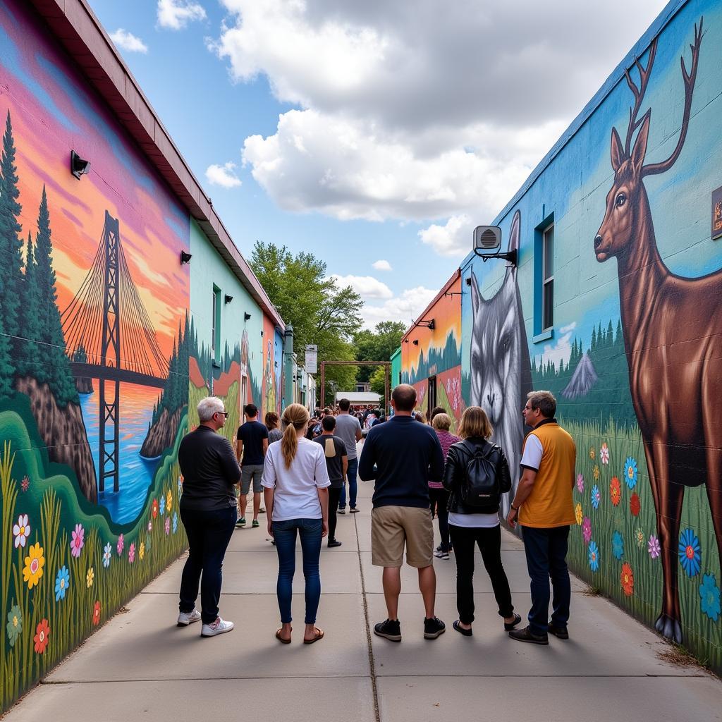 Visitors admiring a colorful mural in Art Alley, Rapid City