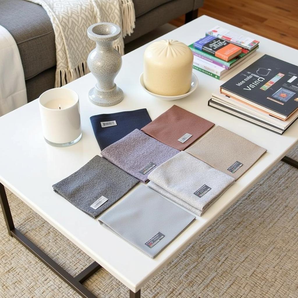 Free curtain swatches displayed on a table with home decor items