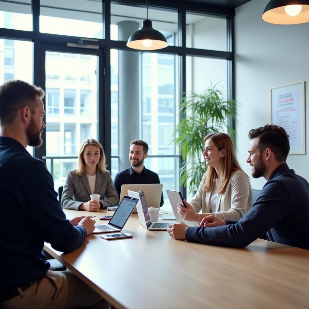 Modern office with employees using a desk booking system