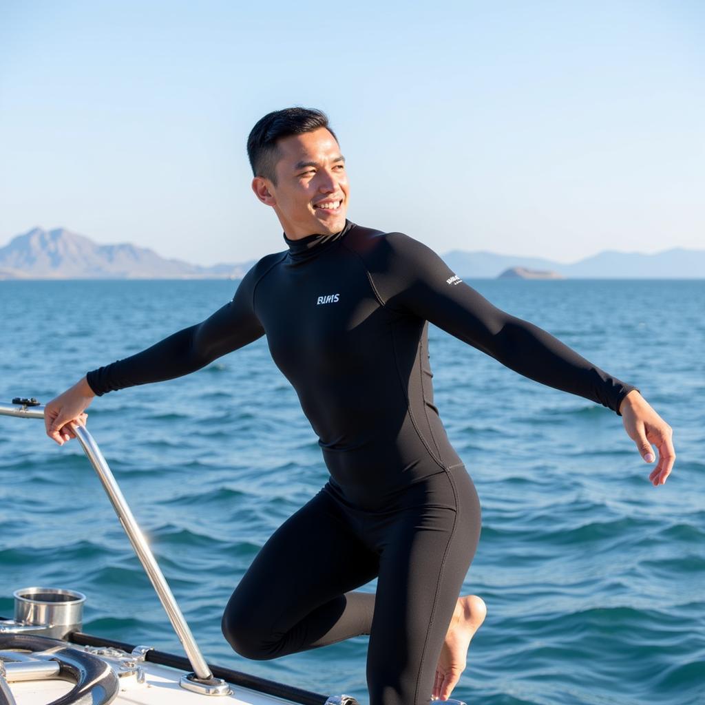 Free diver checking wetsuit fit