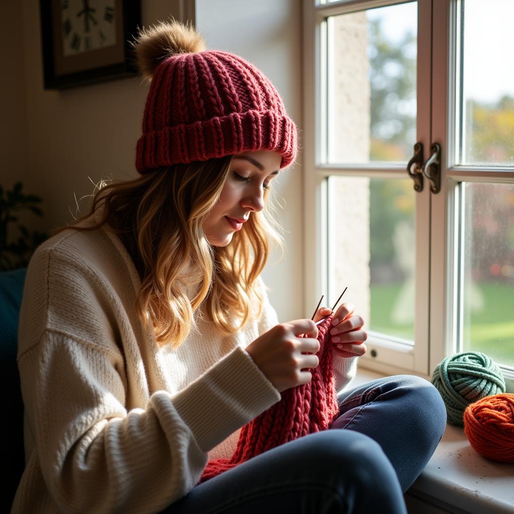 Woman Knitting a Hat with DK Yarn