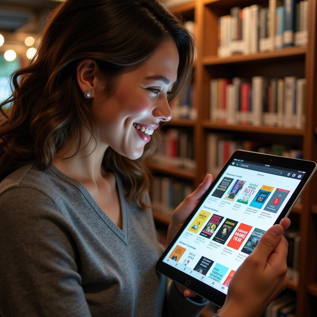 Woman browsing free ebooks on her tablet