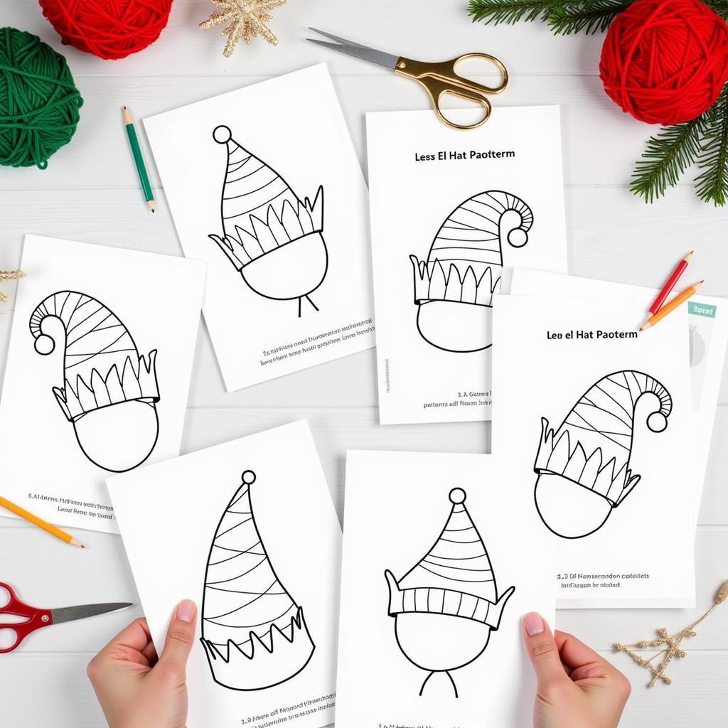 Free Elf Hat Knitting Patterns: A variety of colorful elf hat knitting patterns displayed on a table with knitting needles and yarn.