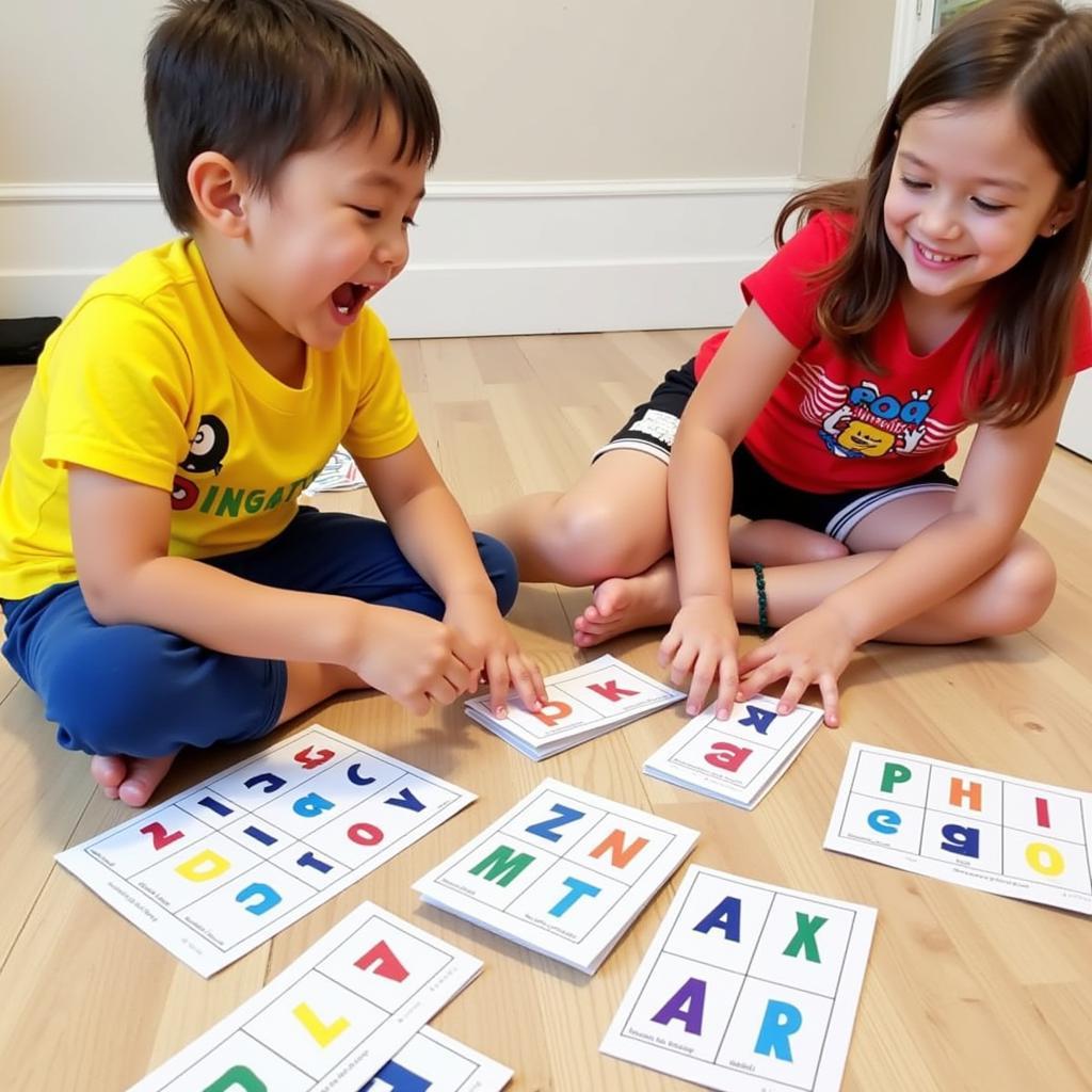 Children playing a phonics game using free fundations printables