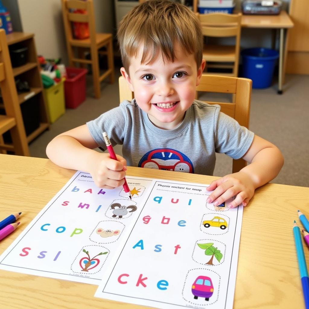 Child completing a free fundations printable worksheet