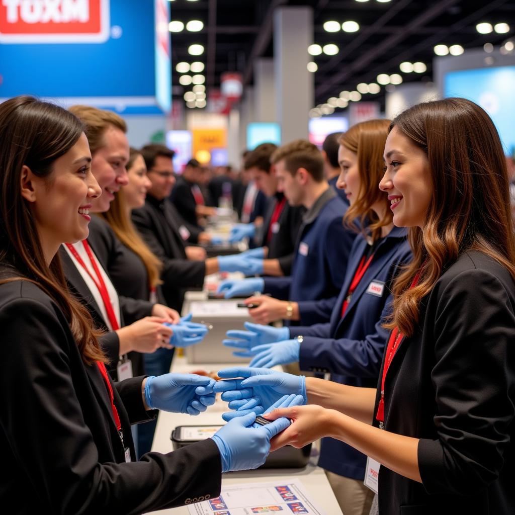 People receiving free gloves at a trade show