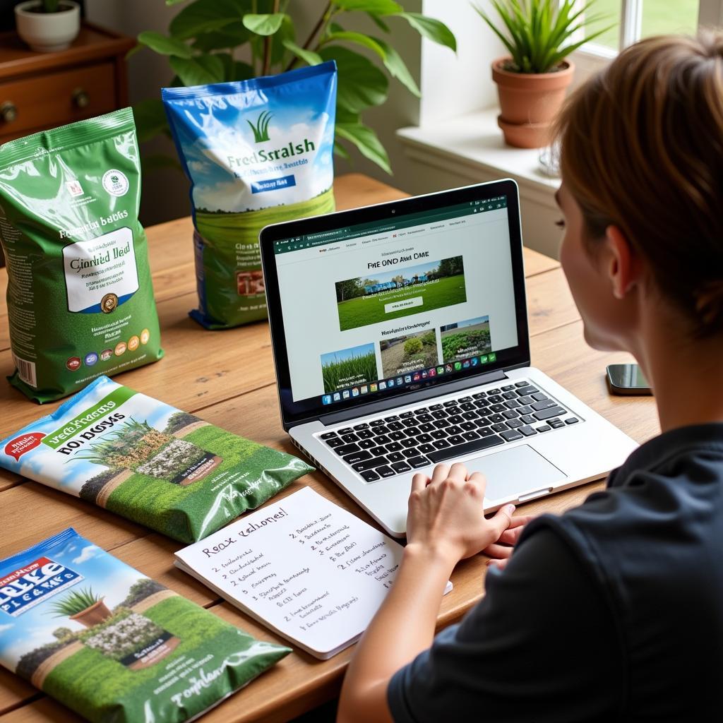 Homeowner researching free grass seed samples online.