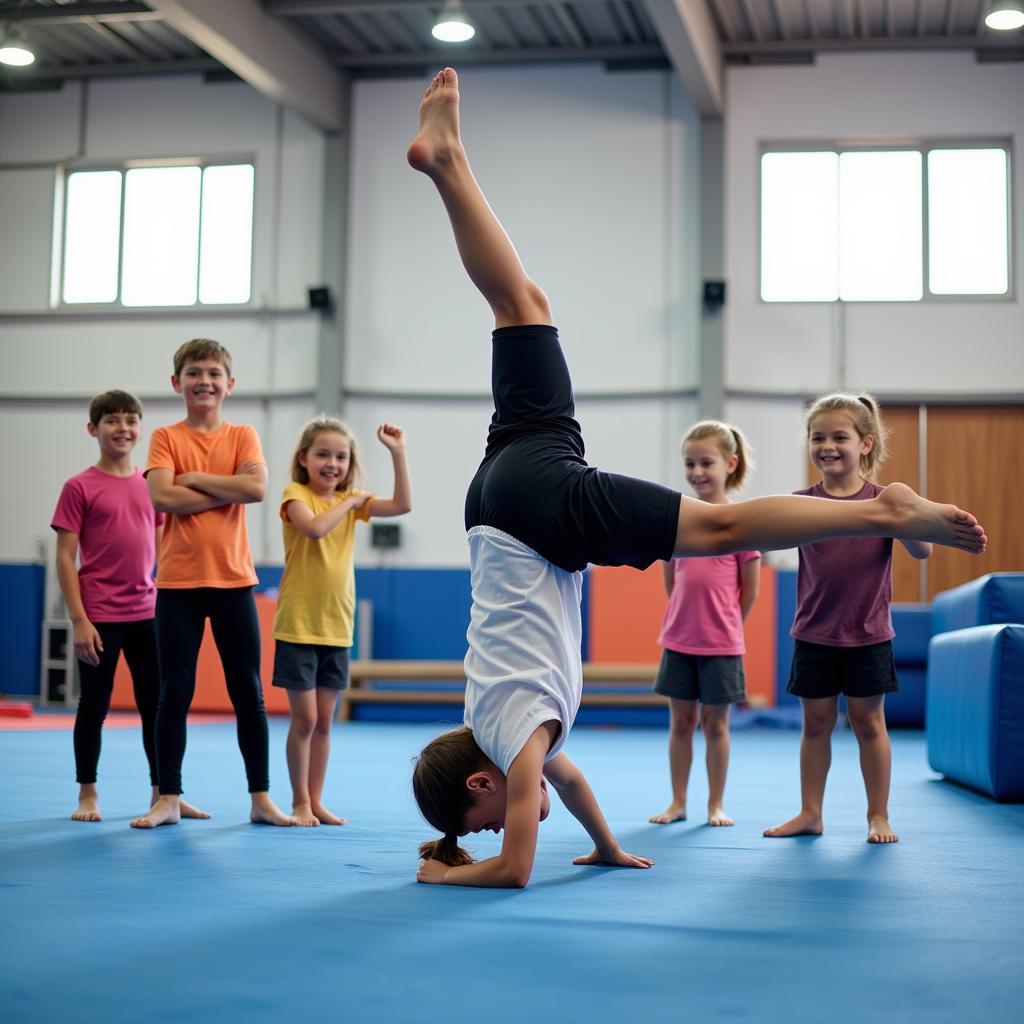 Beginners practicing gymnastics in a free class