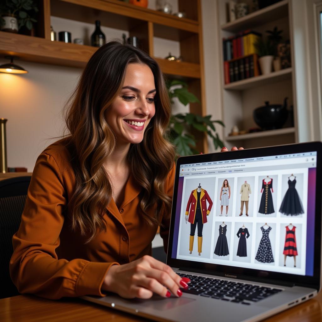 Woman browsing free Halloween costume patterns on a laptop