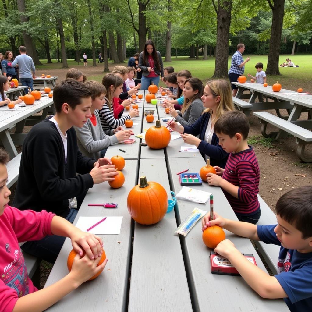 Families participating in a pumpkin decorating contest at a park