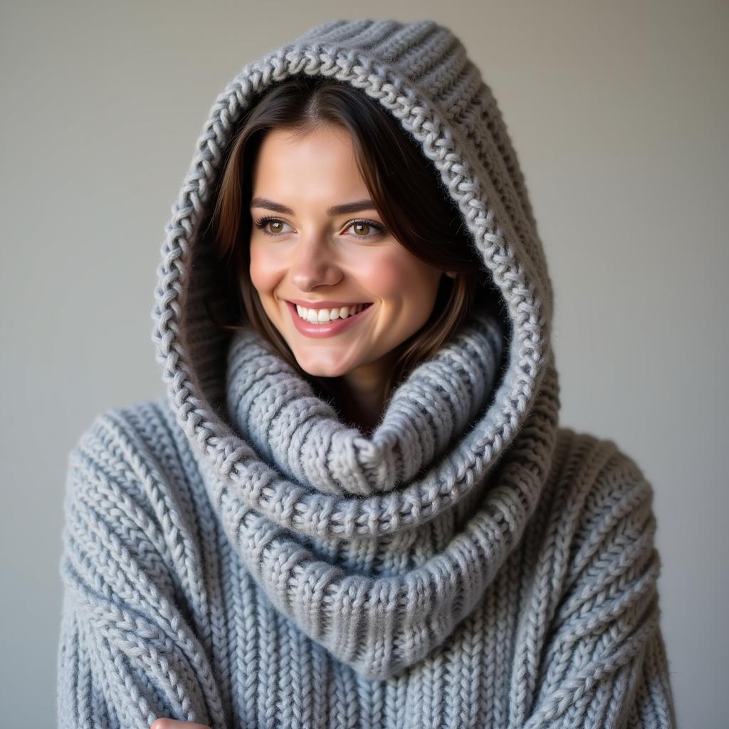 Woman wearing a grey hooded scarf knitted with a chunky yarn, showcasing the cozy and stylish appeal of a hooded scarf.