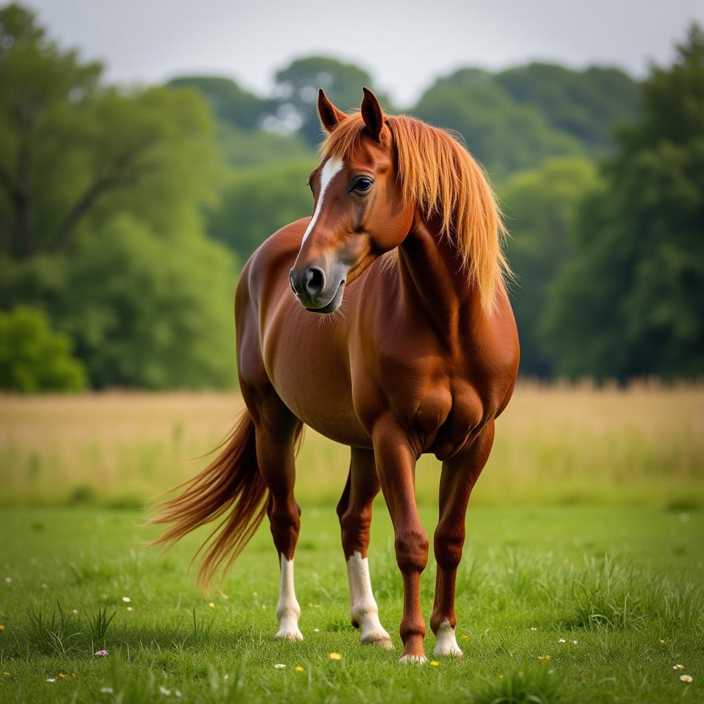 Free horse grazing peacefully in a pasture