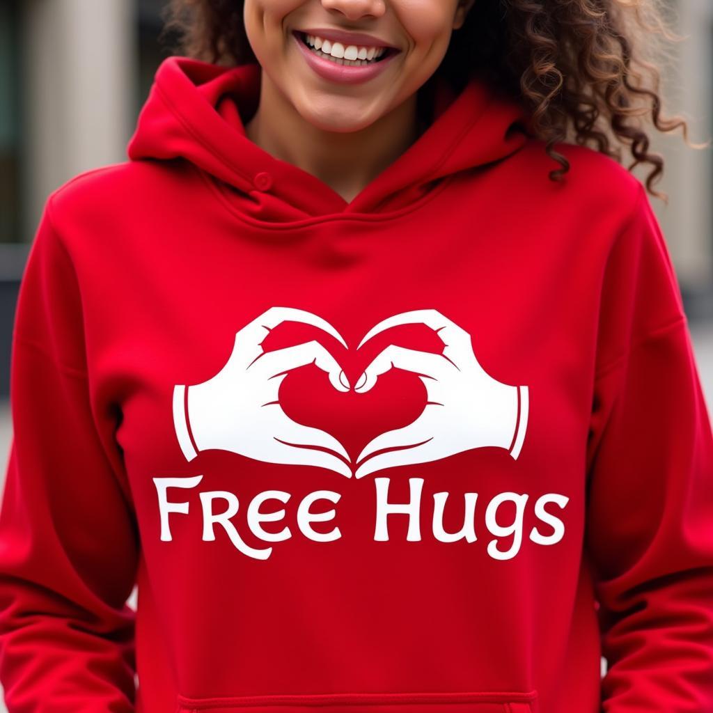 Person wearing a free hugs hoodie with a heart and open arms design