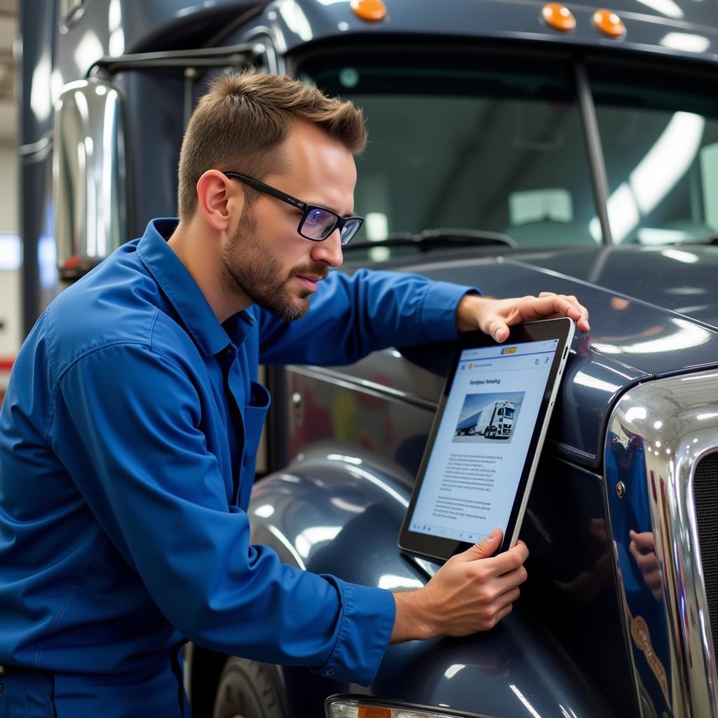 Mechanic using a digital tablet to access a free international truck repair manual online