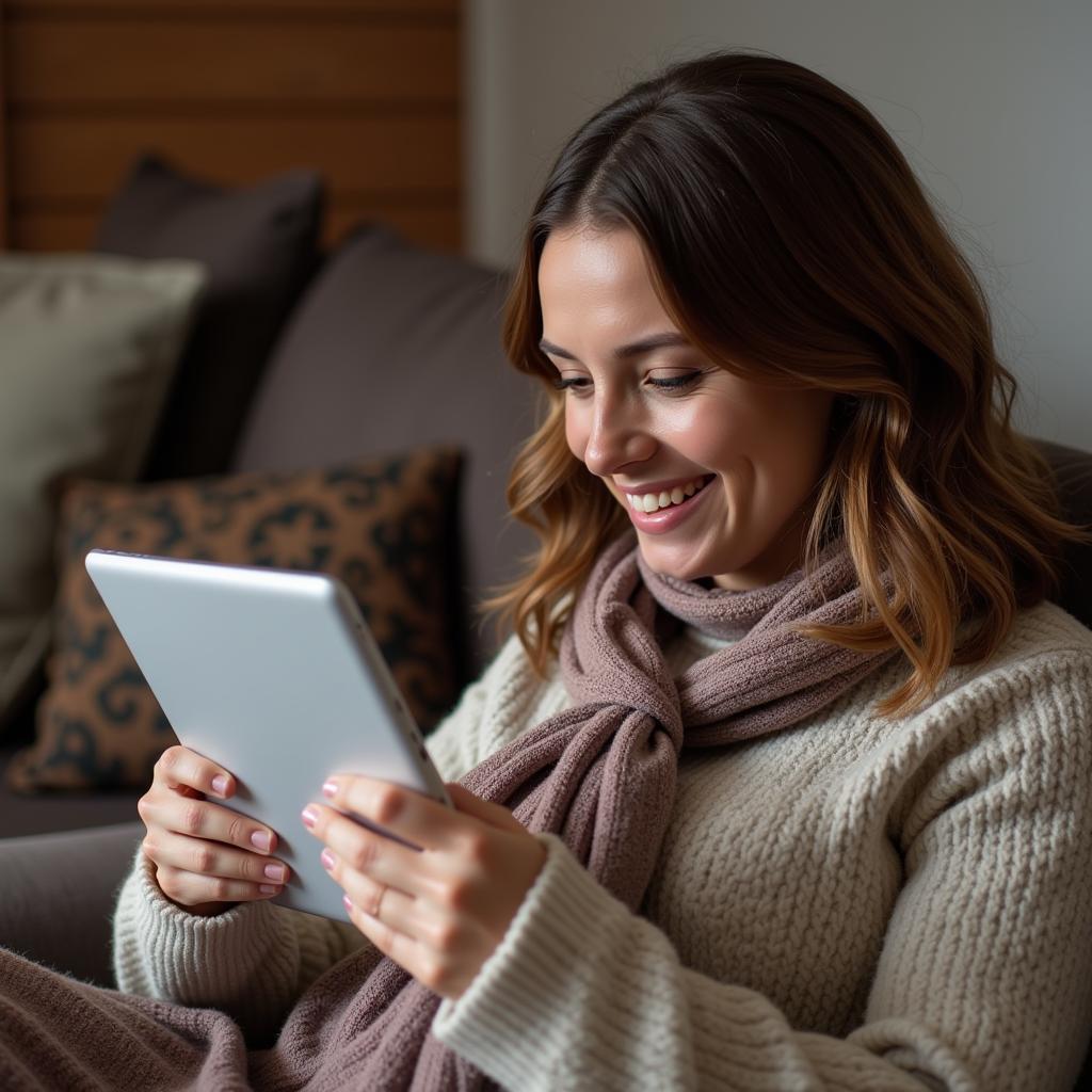 Woman reading a book on her tablet in a cozy setting