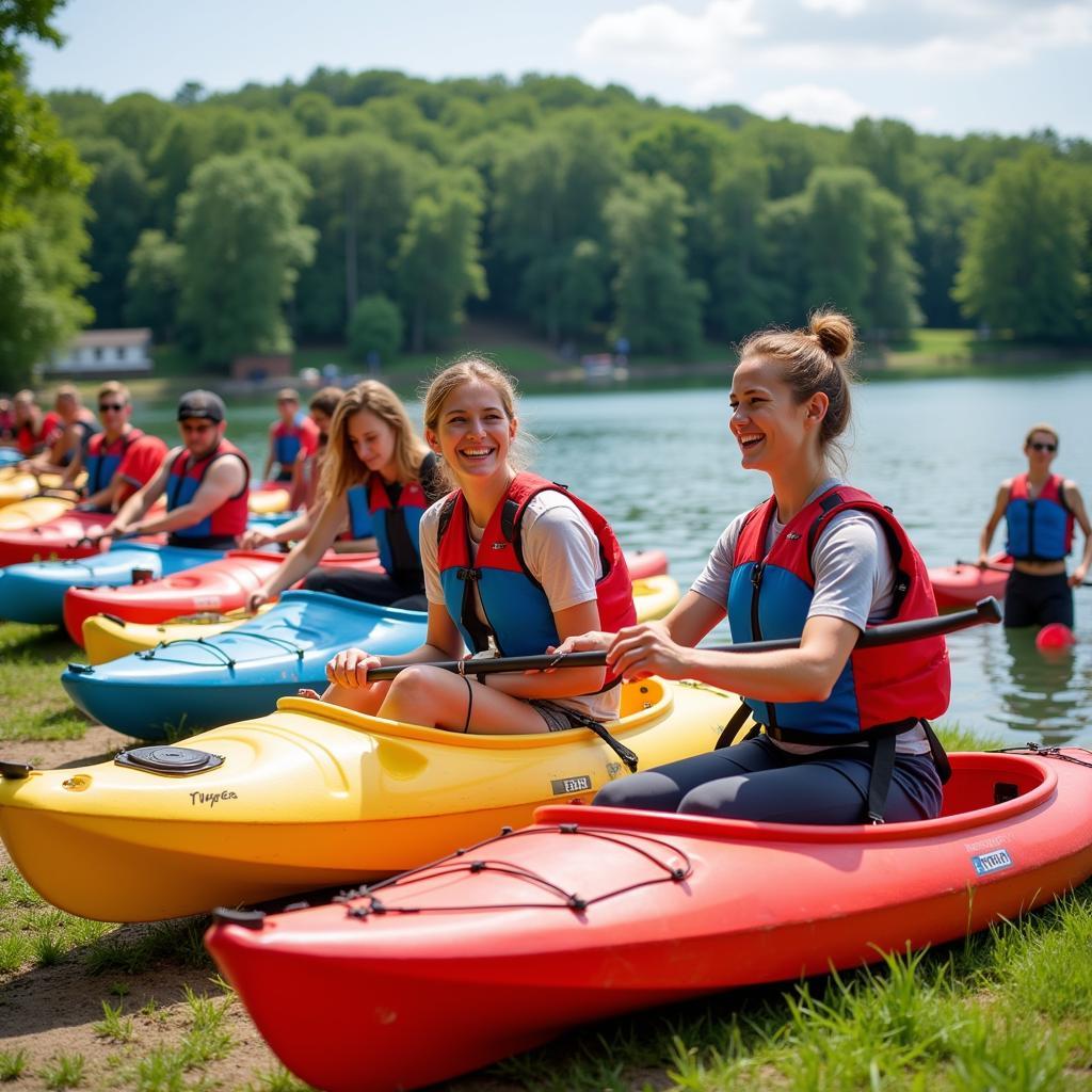 Kayakers trying out different kayaks at a demo day