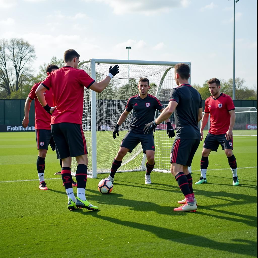 Soccer players practicing free kicks with a dummy