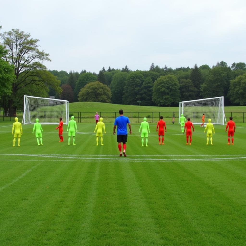 Soccer player training with free kick mannequins