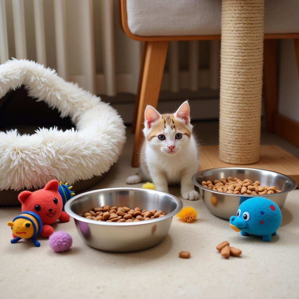 Kitten starter kit with food, water bowls, and toys