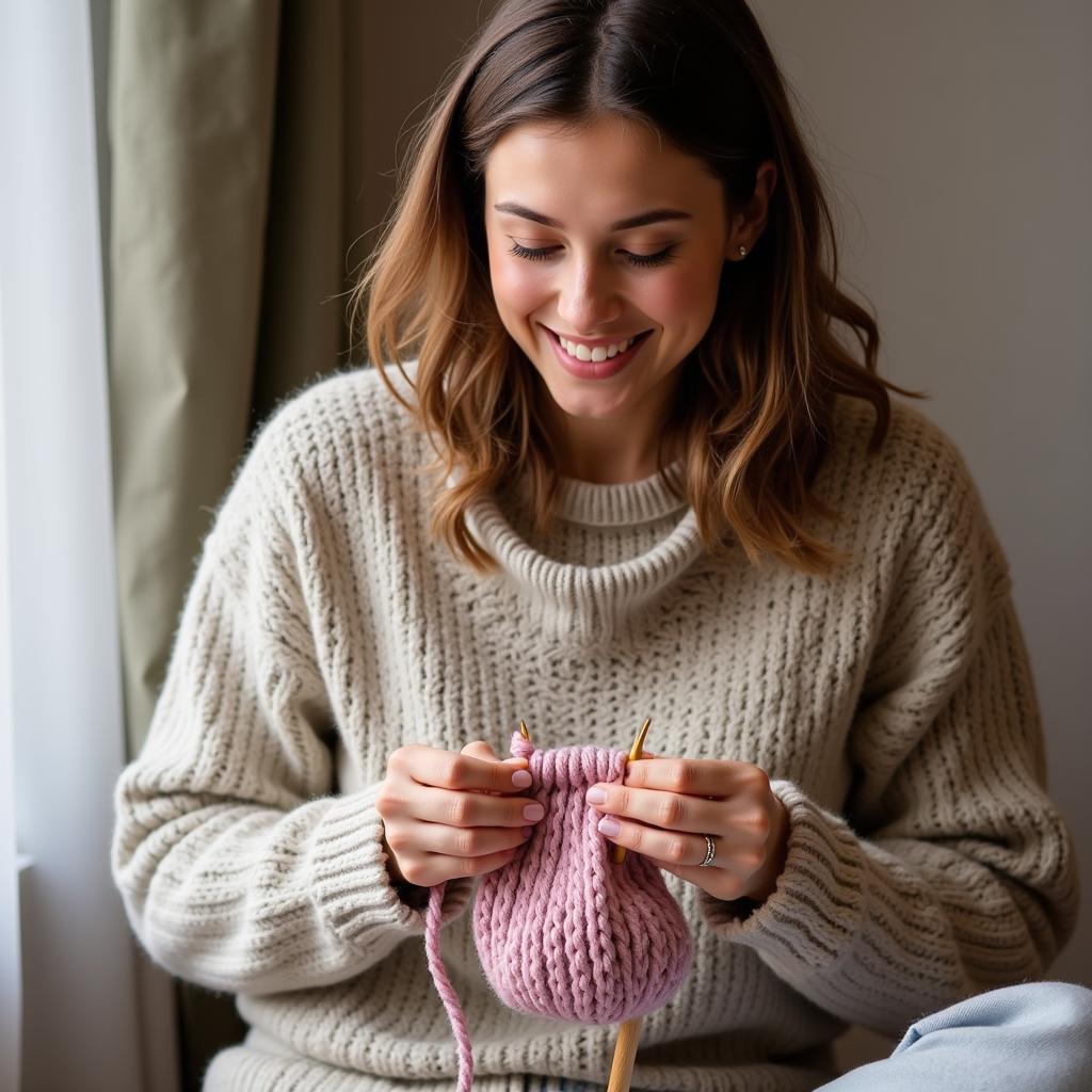 A young woman knitting a scarf with chunky yarn